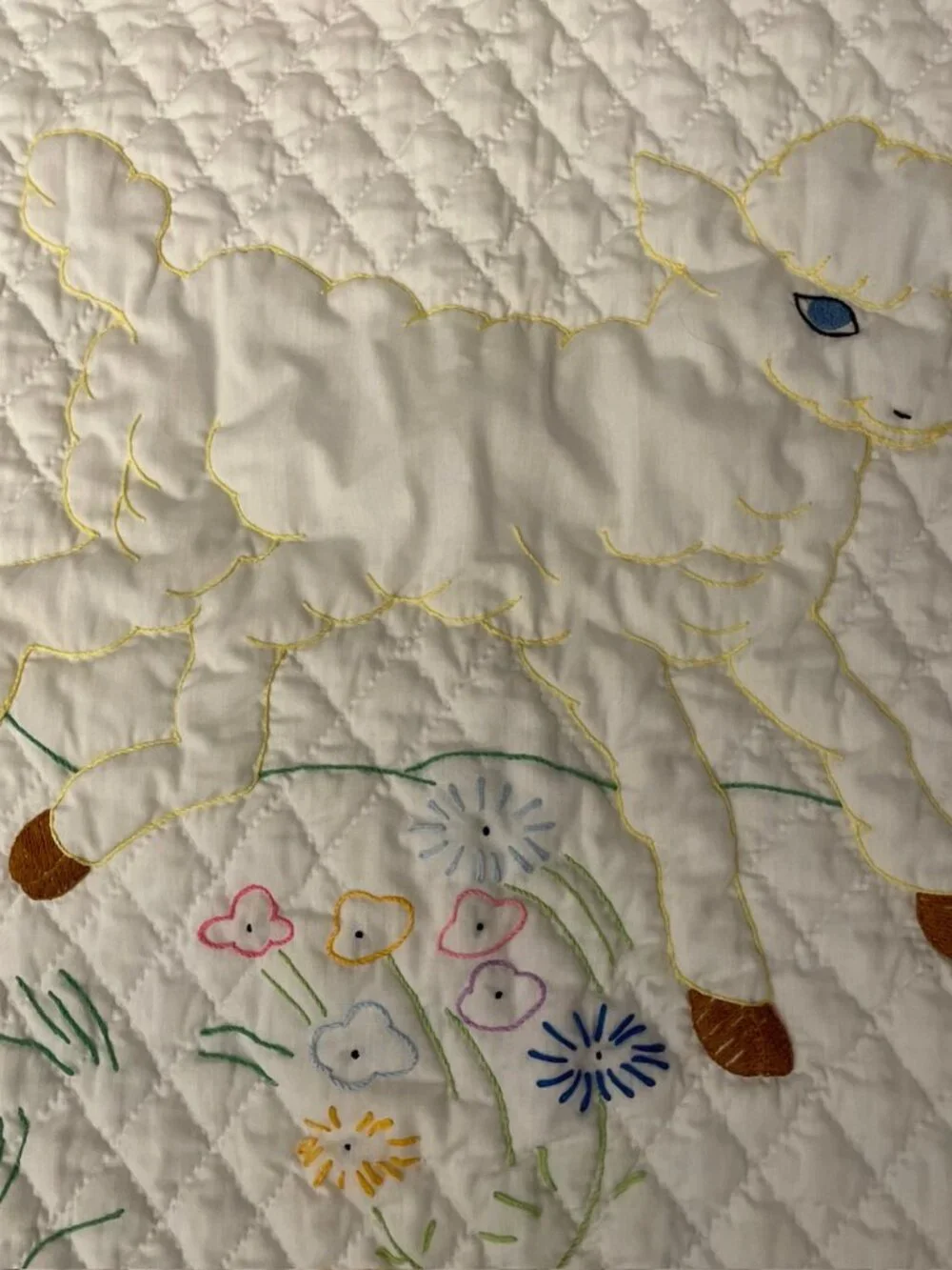 Baby Quilt Pink White Blue Yellow Hand Quilted Embroidered Animal Lamb 34x28”